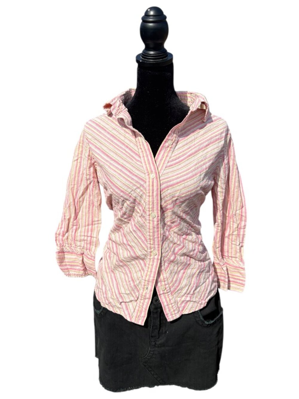 Old‎ Navy Y2K linen cotton fitted striped button up vintage 2005 pastel 3/4